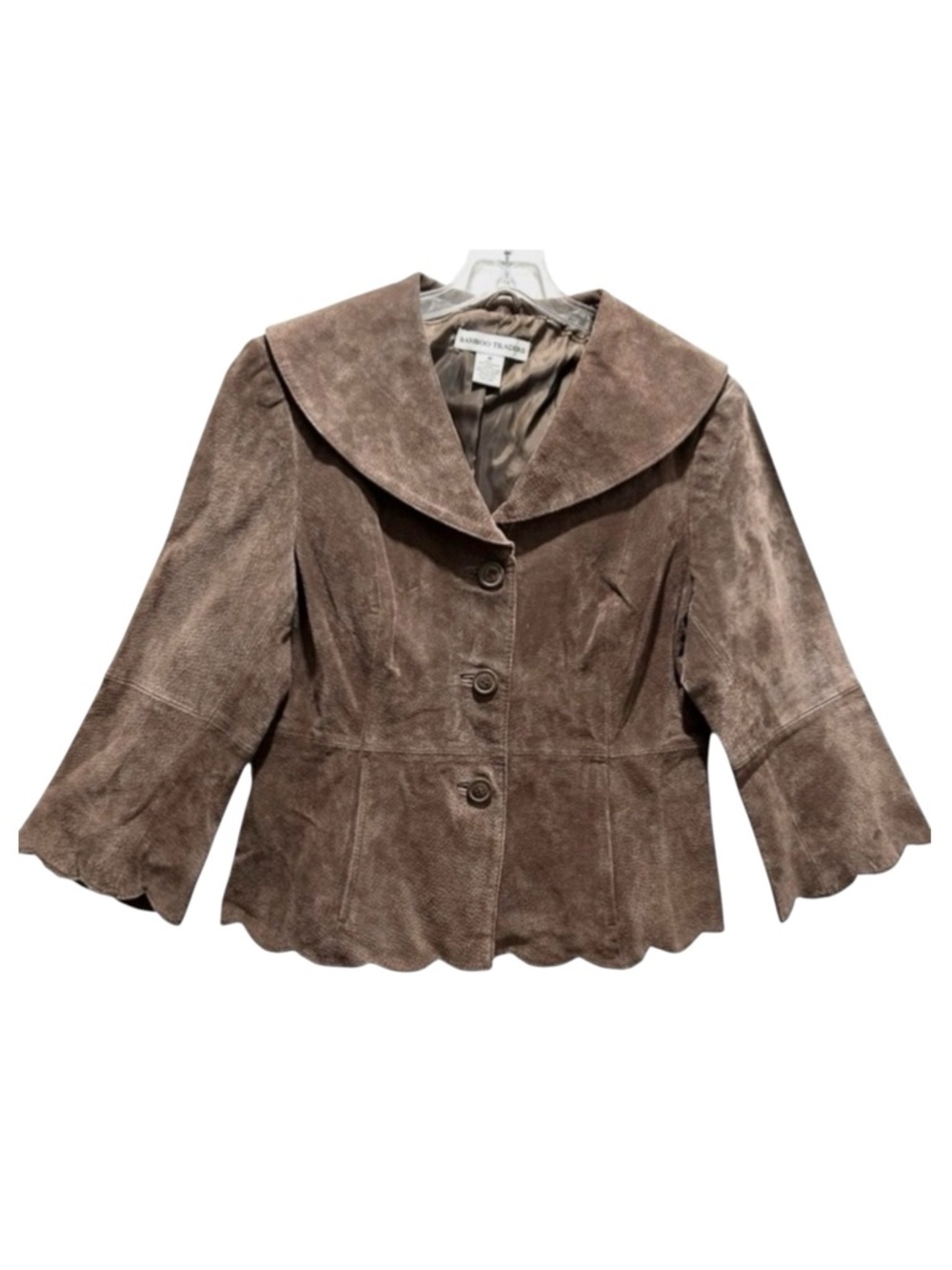 Bamboo Traders Brown Suede Women's Jacket w/ 3/4 Sleeves, Scalloped Hem - Medium